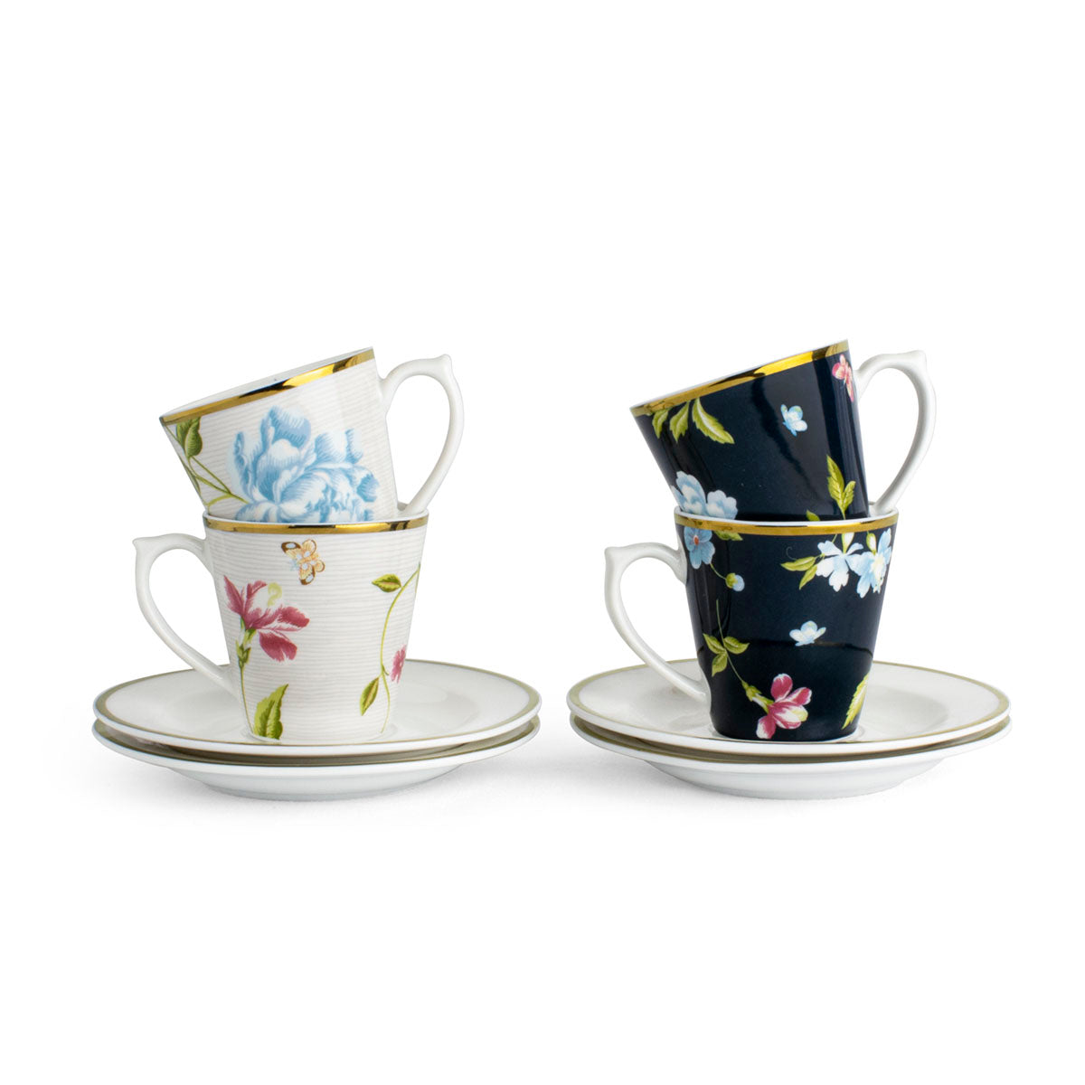 Laura Ashley Set 4 Cup and Saucers Espresso Midnight and Cobblestone 9 cl.